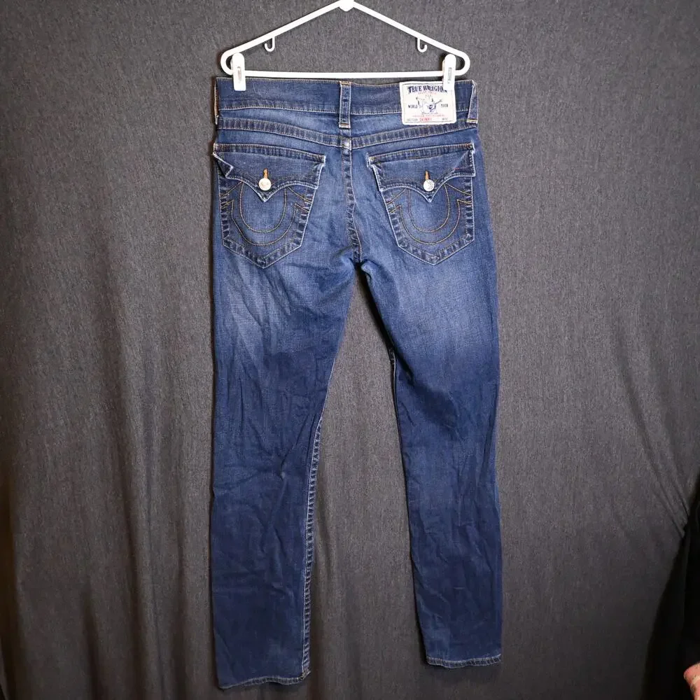 True Religion Men's 33 (33x30) Skinny Denim Distressed Jeans Faded Wash Western